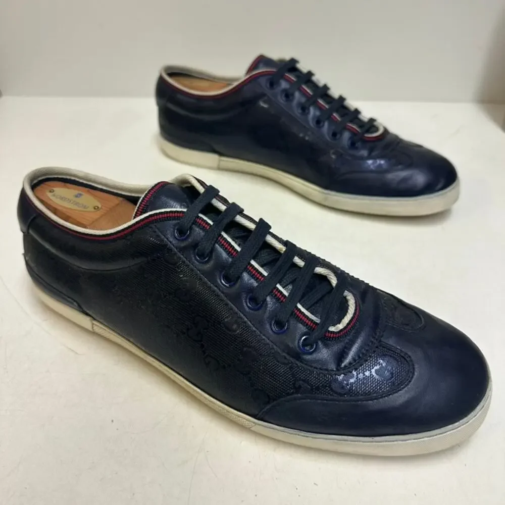 VGUC Gucci Navy Blue GG Imprime Sneakers Guccisima Canvas Leather UK 10 US 10.5